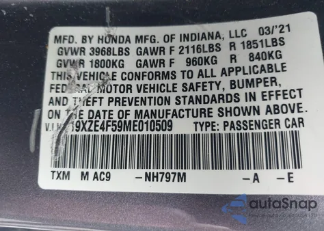 2021 Honda Insight Ex from USA, damaged, VIN 19XZE4F59ME010509